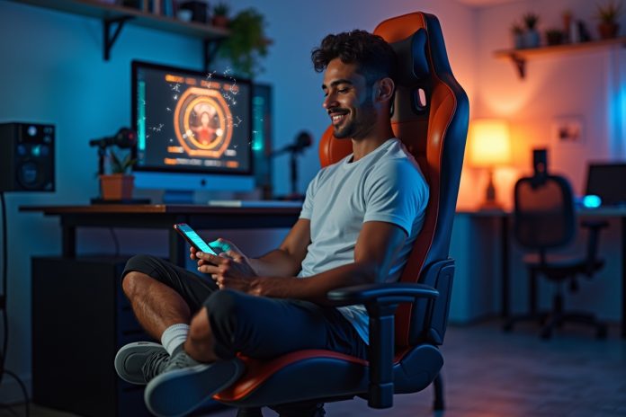 Геймификация привычек: человек использует приложение для трекинга здоровых привычек в игровом формате