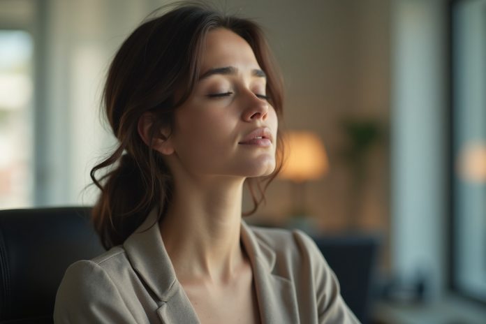 Женщина демонстрирует, как снять стресс дыхательными упражнениями в офисной обстановке