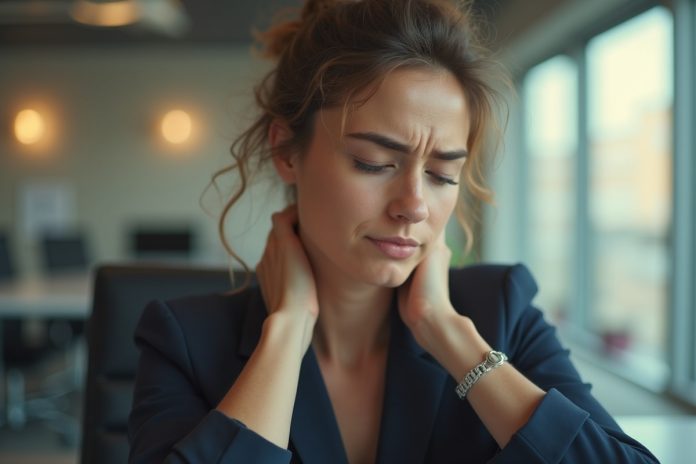 Женщина демонстрирует, как снять напряжение в шее после стресса самомассажем в офисной обстановке