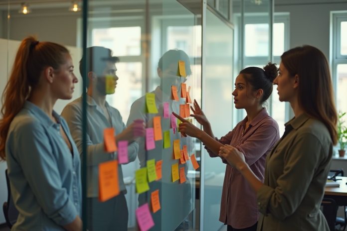 Канбан-доски в действии: команда обсуждает задачи у прозрачной доски с цветными стикерами