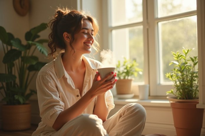 Естественное восстановление энергии: девушка медитирует у окна с чашкой травяного чая в утреннем свете