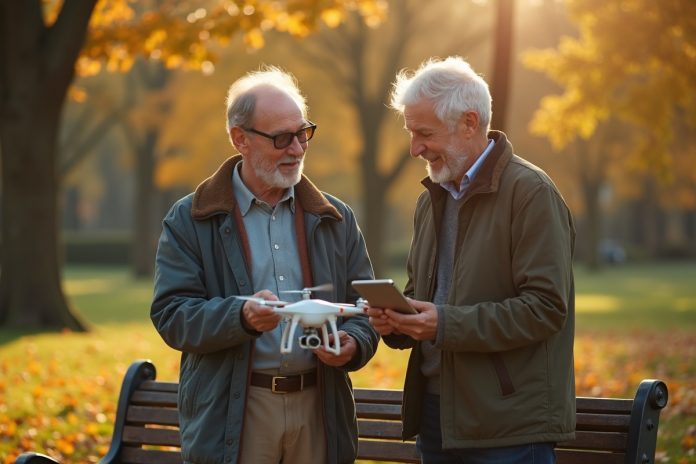 Активное долголетие: пожилой мужчина обучает молодого человека управлению дроном в парке