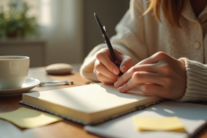 Женщина ведет дневник для управления стрессом, записывая свои мысли и эмоции в стильный блокнот