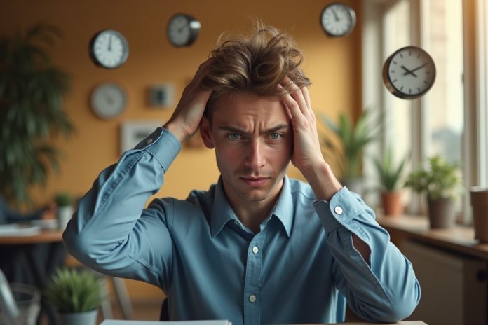 Уставший офисный работник среди часов — иллюстрация типичных ошибок тайм-менеджмента и нехватки времени