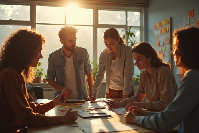 Команда обсуждает Scrum-спринты у доски с заметками в современном офисе