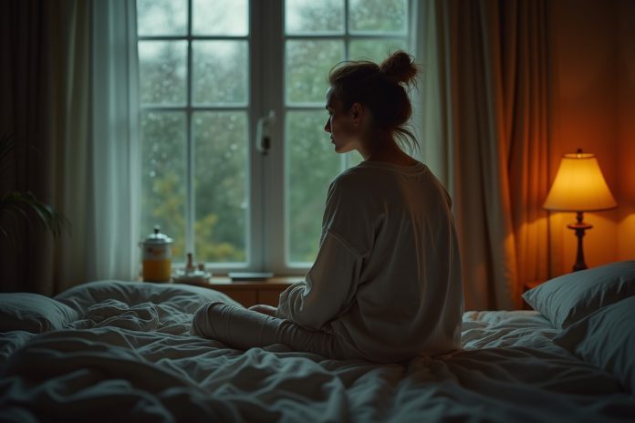 Человек учится как восстановиться после стресса правильным сном, сидя у окна в уютной спальне вечером