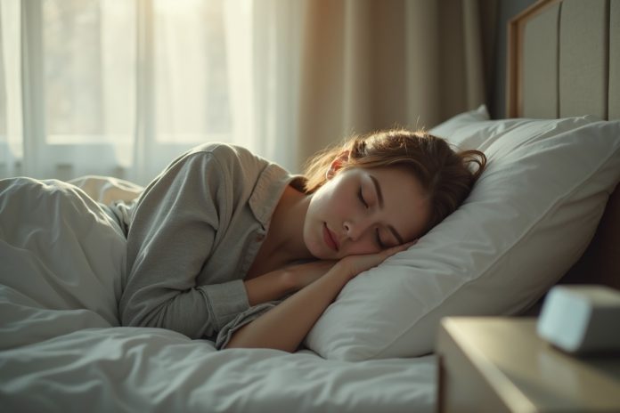 Спокойный сон для крепкого иммунитета: женщина спит в светлой спальне с приглушенным освещением
