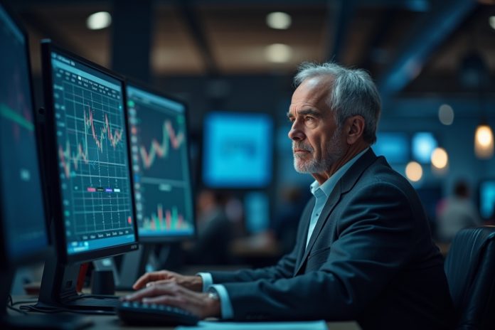 Лонг-стрэддл и стрэнгл: трейдер анализирует графики опционных стратегий на мониторах