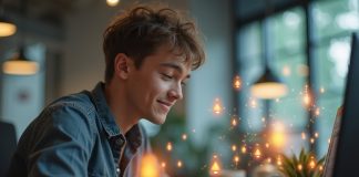 Геймификация в работе: Как получить удовольствие от задач? Геймификация в офисе: сотрудник работает за столом с игровыми элементами вокруг рабочего пространства