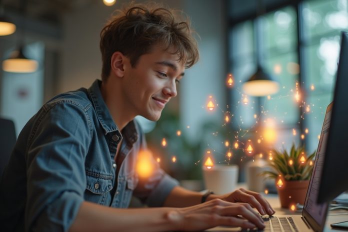 Геймификация в офисе: сотрудник работает за столом с игровыми элементами вокруг рабочего пространства