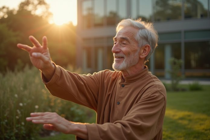 Долголетие и активное долгожительство: человек практикует оздоровительные упражнения в современном медицинском центре