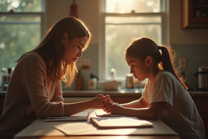 Конфликт интересов с подростками: мать и дочь-подросток за столом в момент напряженного разговора