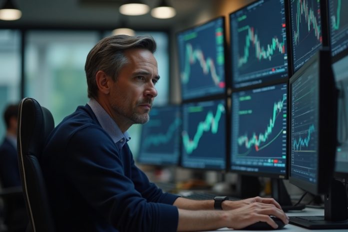 Стратегия покрытый колл: трейдер анализирует графики и опционные цепочки на мониторах