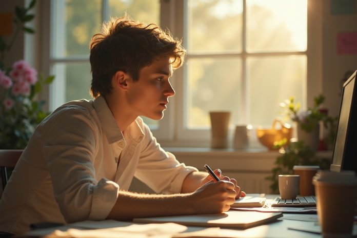 Человек за рабочим столом, размышляющий о том, как справиться с рутиной повседневных задач