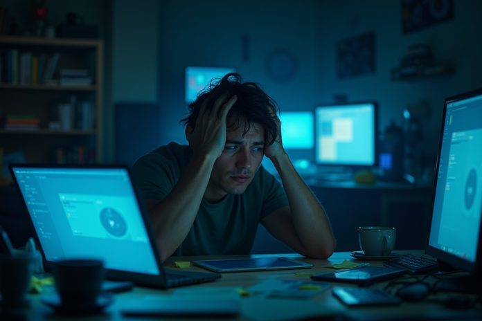 Человек в состоянии цифровой перегрузки среди множества светящихся экранов