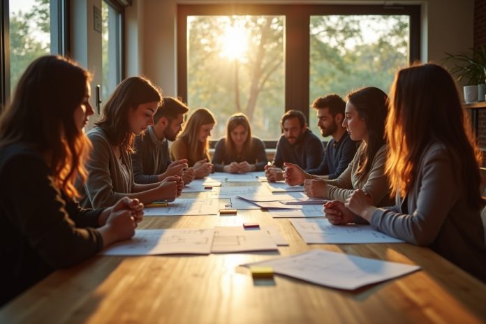 Группа людей обсуждает проект, иллюстрируя сообщественный подход к решению задач