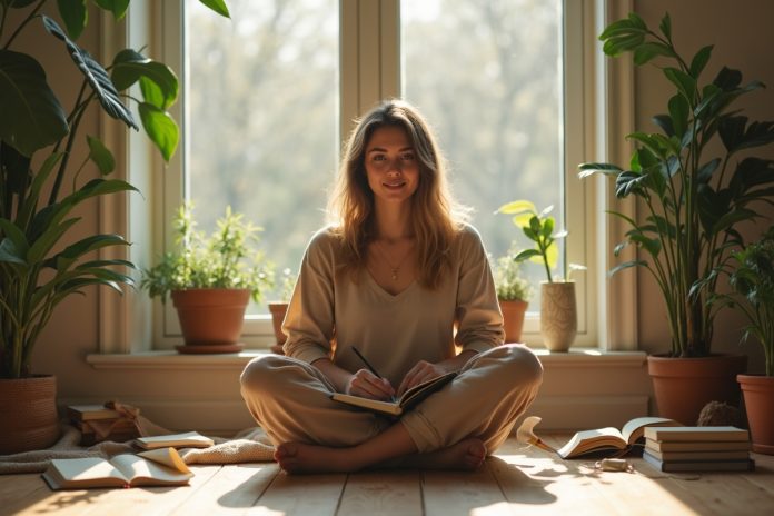 Экологичность в саморазвитии: человек медитирует в минималистичном пространстве с растениями и дневником