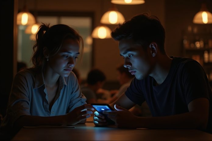 Фаббинг в отношениях: пара за столом, один человек смотрит в телефон, игнорируя партнера