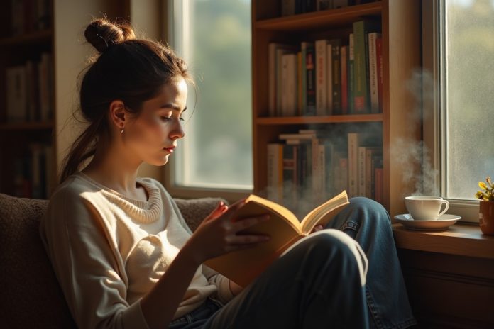 Переход на аналог: человек читает бумажную книгу в уютном кресле у окна