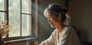 Философия ваби-саби: Как принять свои изъяны? Философия ваби-саби: женщина с чашкой кинцуги в интерьере, наполненном естественным светом и простотой