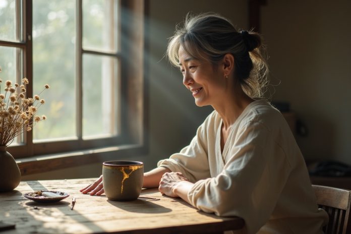 Философия ваби-саби: женщина с чашкой кинцуги в интерьере, наполненном естественным светом и простотой