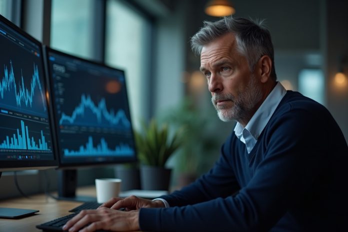 Мой опыт инвестиций в крипту: инвестор анализирует графики криптовалют на мониторах в современном офисе