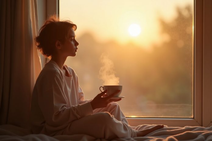 Осознанная жизнь: человек наслаждается спокойным утром у окна с чашкой кофе