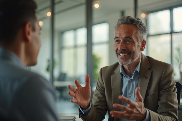 Экологичная коммуникация в офисе: двое коллег ведут открытый диалог в современном рабочем пространстве