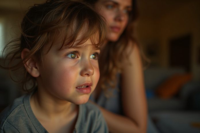 Нехватка родительского внимания: грустный ребенок смотрит в сторону, на заднем плане размытая фигура родителя