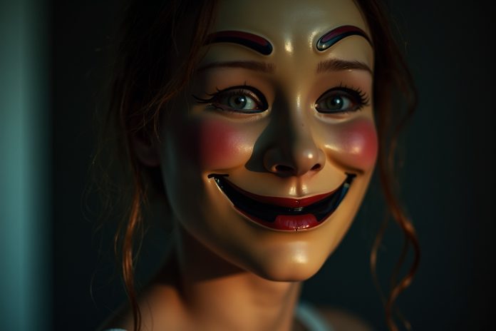 Человек в маске счастья, под которой видны следы слез — метафора токсичного позитивного мышления