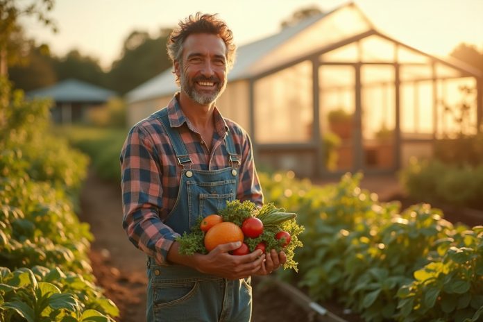 Этичное питание: фермер показывает свежие органические овощи на фоне своего хозяйства