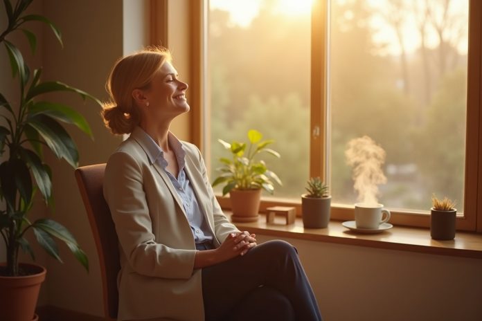 Управление энергией: человек у окна практикует осознанный отдых в спокойной обстановке