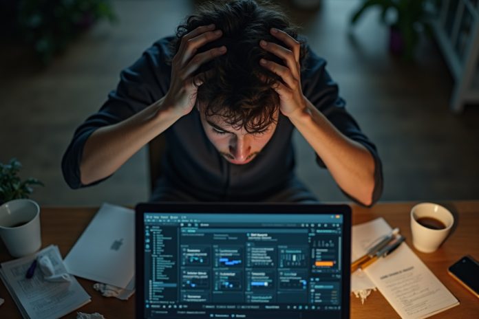 Frustrated person checking Pomodoro-таймеры на ноутбуке в окружении пустых кофейных чашек