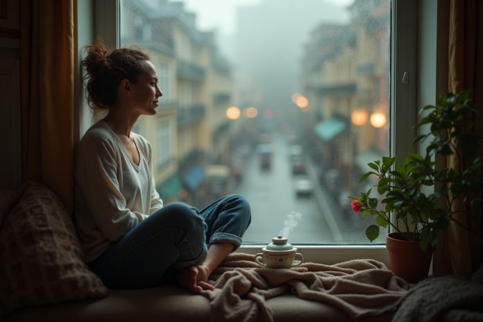 Человек обретает внутреннее спокойствие у окна с чашкой чая в уютной обстановке