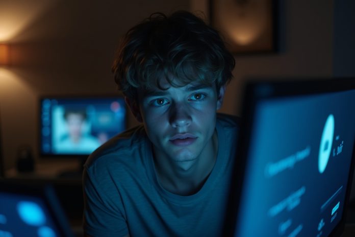 Человек общается с ИИ-компаньоном в уютной комнате, освещенной синим светом от экрана