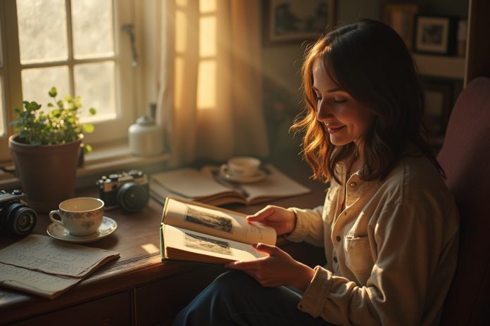 Человек рассматривает старые фотографии, иллюстрируя тему рекламации прошлому и силы ностальгии