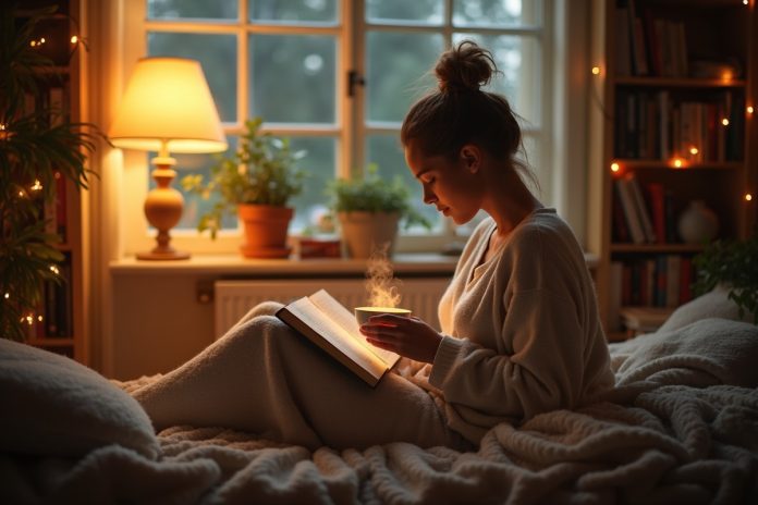 Уютное возвращение домой: человек отдыхает в мягком кресле у окна с чашкой чая и книгой