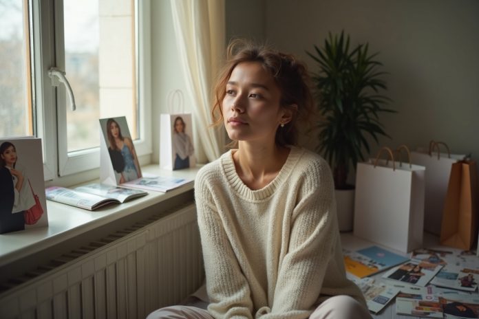 Трендфатиг: уставшая девушка среди модных журналов и покупок задумчиво смотрит в окно