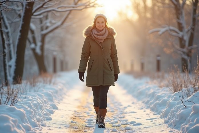 Женщина на зимней прогулке для укрепления сердца в заснеженном парке на рассвете