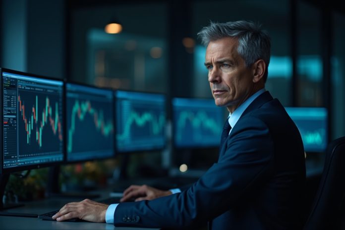 Хеджирование рисками: трейдер анализирует графики и опционные стратегии на мониторах