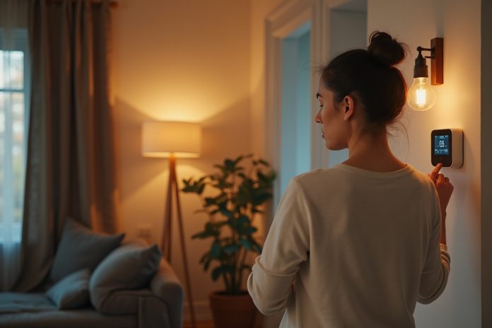 Энергоэффективность в действии: человек настраивает умный термостат в современном интерьере