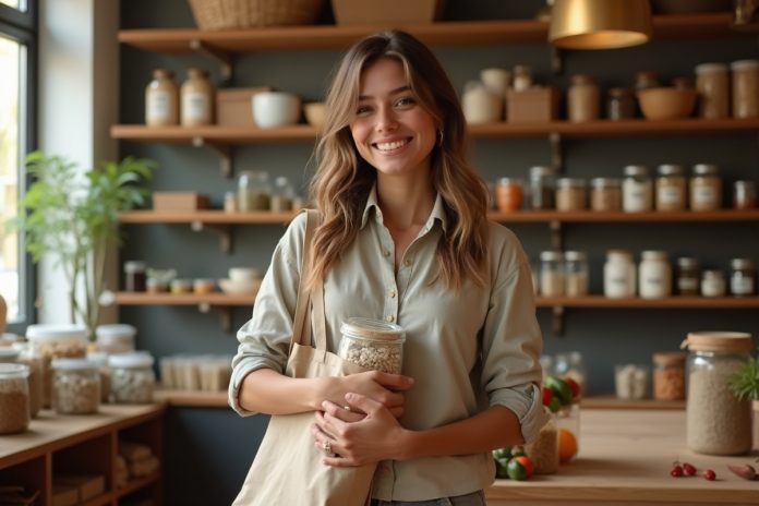 Экологичная упаковка в современном zero-waste магазине: многоразовые мешочки и контейнеры на деревянных полках