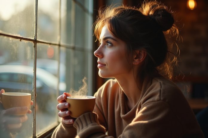 Медленная жизнь: человек наслаждается моментом в уютном кафе у окна с чашкой кофе