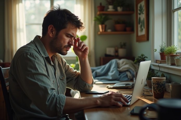 Уставший сотрудник на гибридном формате работы за домашним столом с ноутбуком и чашкой кофе