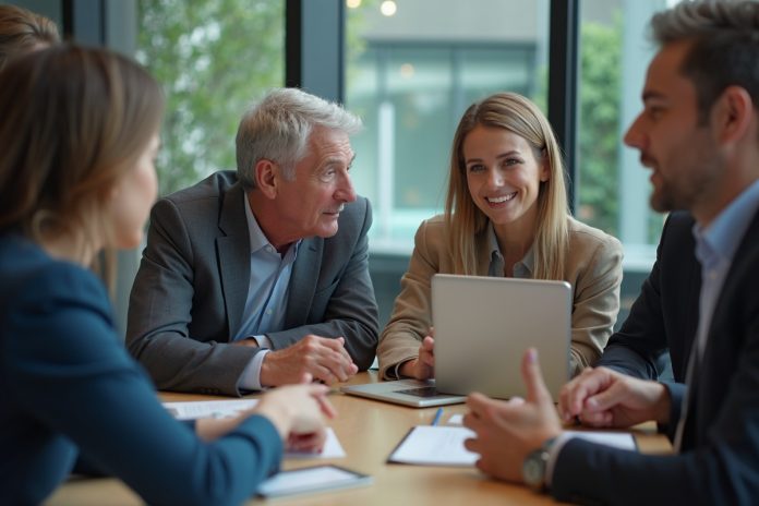 Проблема поколений: старшее и молодое поколение за рабочим столом ведут конструктивный диалог