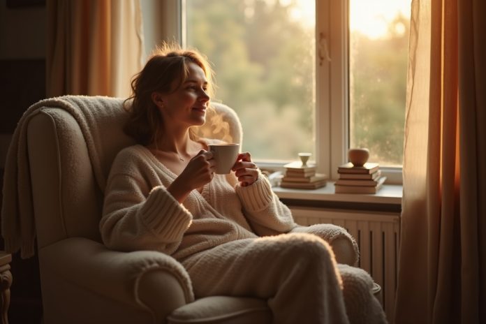 Уютная комната с человеком в кресле, наслаждающимся комфортом домашней атмосферы в теплых тонах