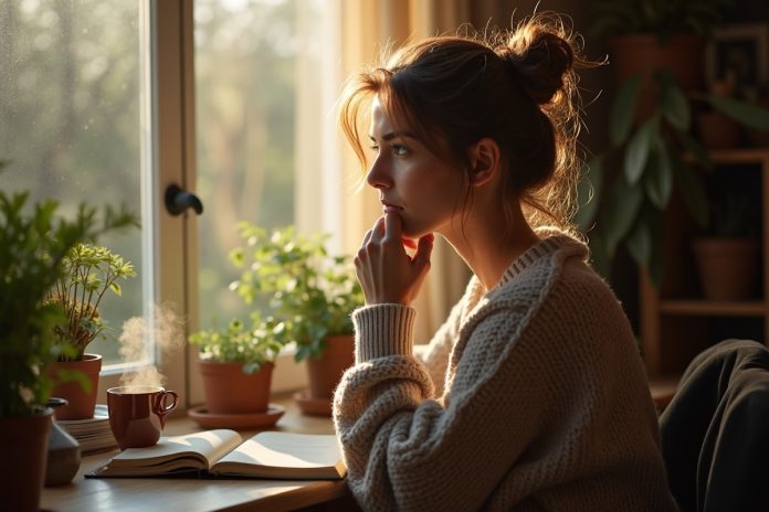 Бережное отношение к себе: женщина в уютном домашнем офисе задумчиво смотрит в окно с чашкой чая