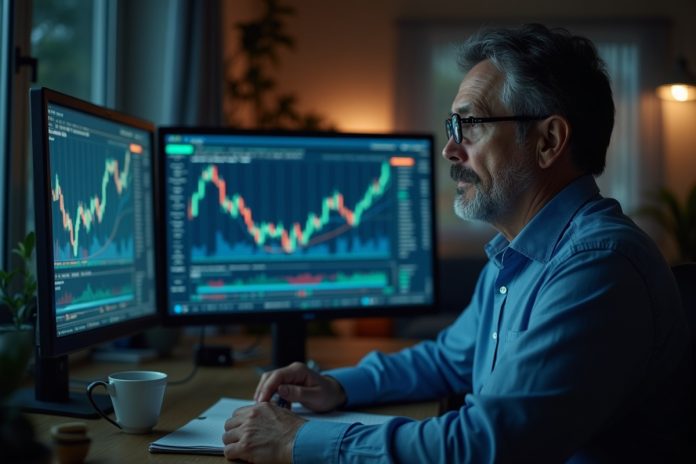 Лучшие платформы для опционов: трейдер анализирует графики на нескольких мониторах