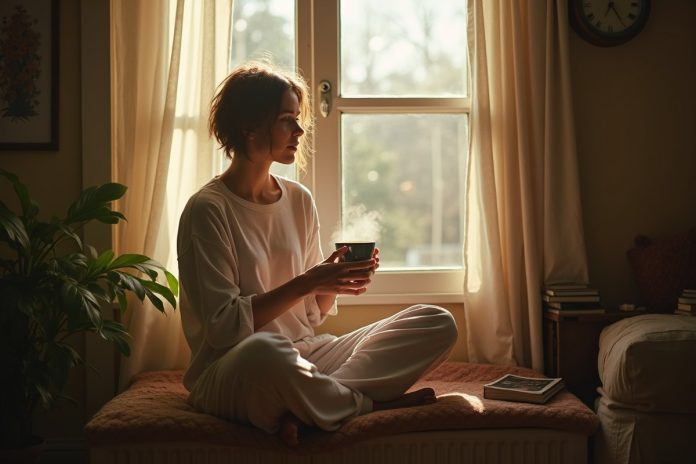 Человек в уютной домашней обстановке наслаждается психологическим комфортом за чашкой чая у окна