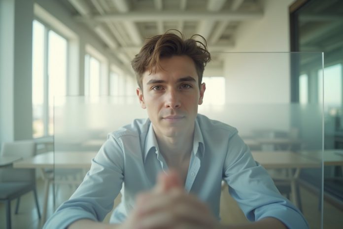 Time blocking: человек работает с прозрачными временными блоками в современном офисе